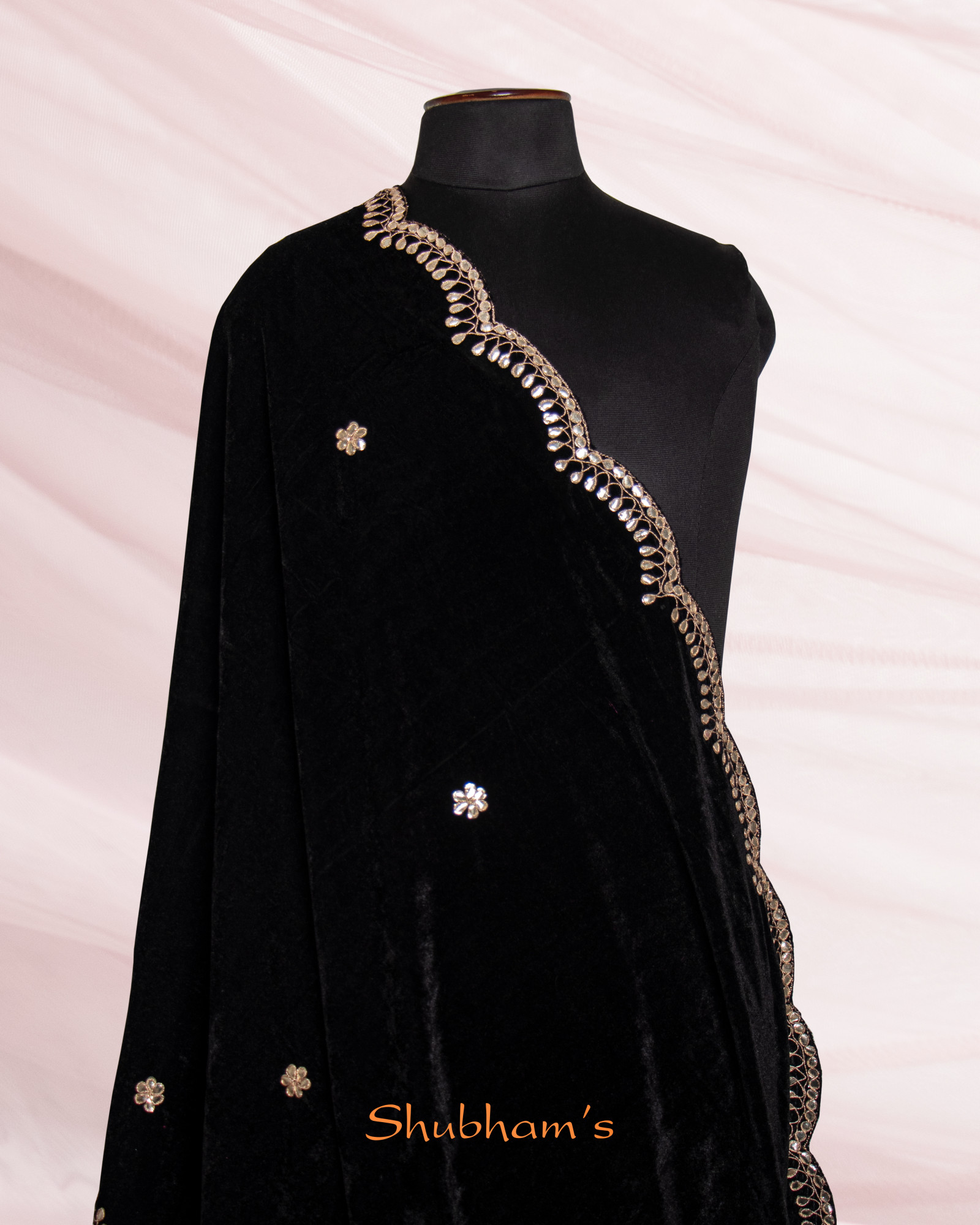 Golden Gota Patti Hand Embroidery Black Velvet Shawl