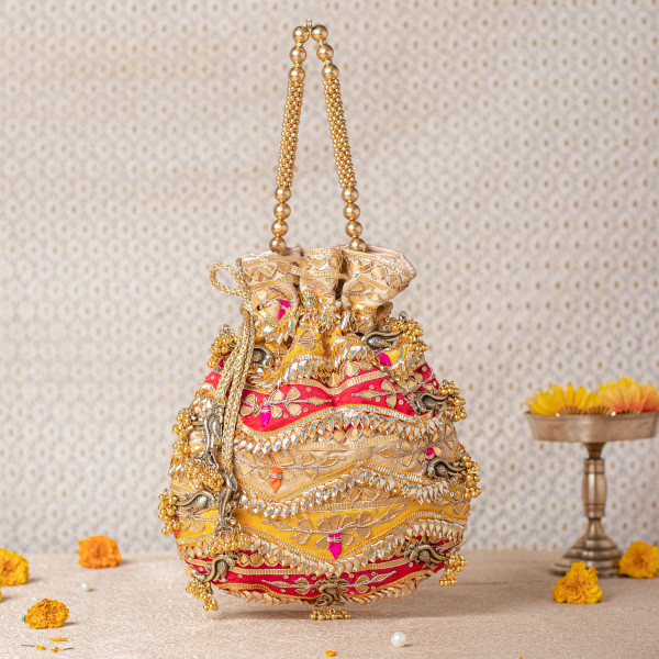 Premium Multicolor Gota Patti Potli Bag – Gold • Red • Yellow