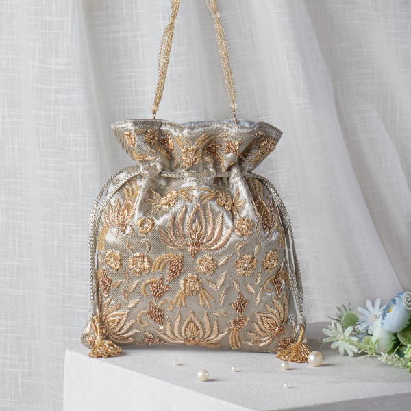 Water Gold Zardozi Embroidered Lotus Tissue Potli Bag