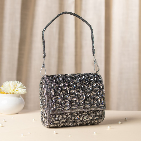 Luxury Grey Crystal Evening Clutch - Bridal & Party Handbag