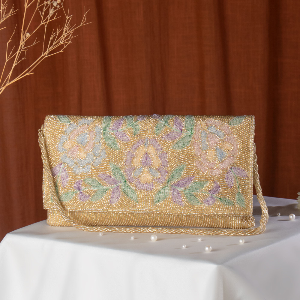 Image of Golden Embellished Evening Clutch Bag with Chain Strap