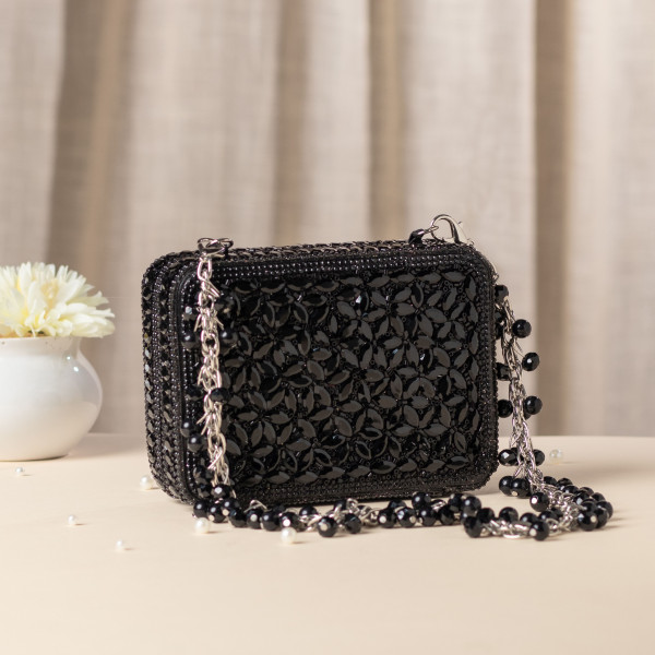 Black Crystal Embellished Mini Evening Bag with Beaded Chain