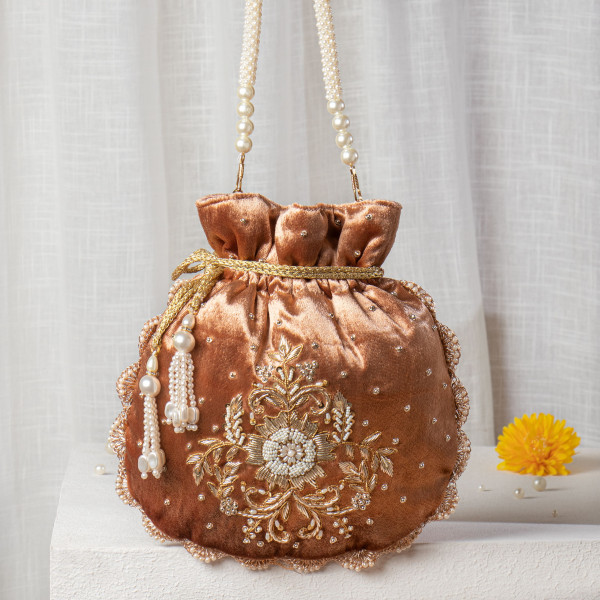 Designer Rust Brown Velvet Potli Bag | Hand-Embroidered Pearl & Zardozi Wedding Batwa