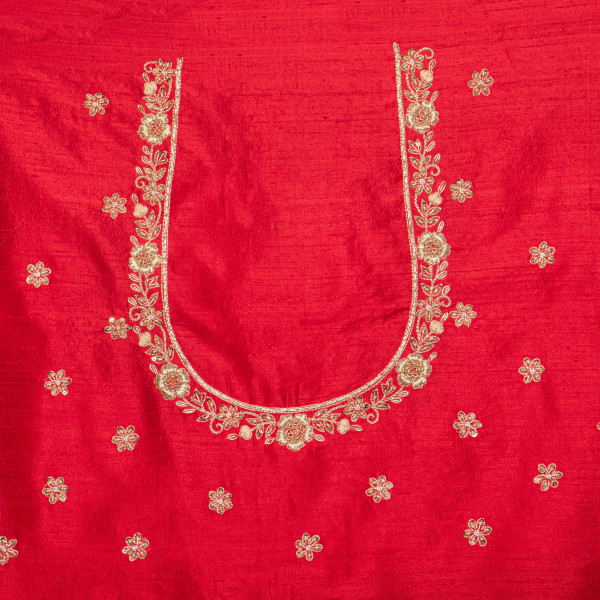 Red Silk Hand-Embroidered Unstitched Blouse Fabric (1 Meter) – Zardosi & Aari Work