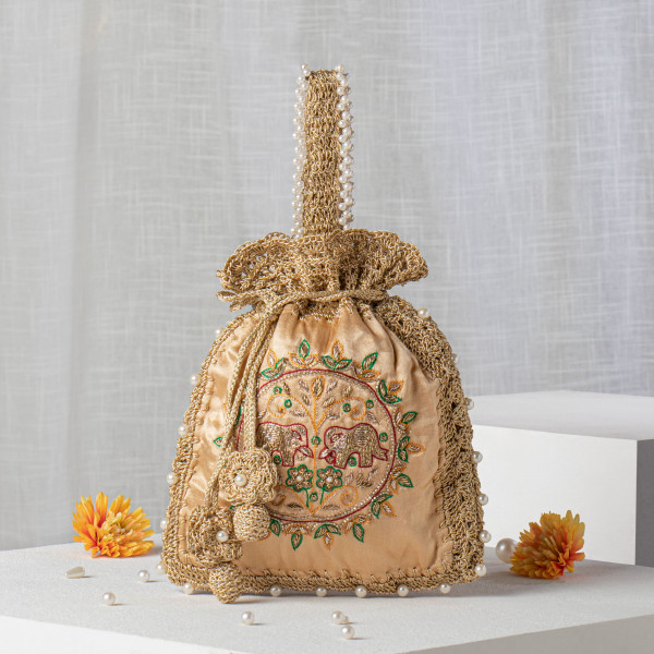 Golden Silk & Crochet Elephant Potli Bag