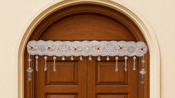 ELEGANT OFF WHITE RED SPARKEL HAND EMBROIDED BEADED BANDARWAL TORAN