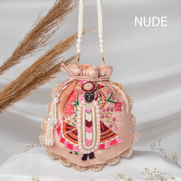 Premium Shrinath Ji Hand-Embroidered Velvet Potli Bag