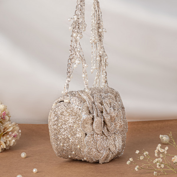 Silver Handcrafted 3D Rose Cutdana & Pearl Embellished Clutch Bag