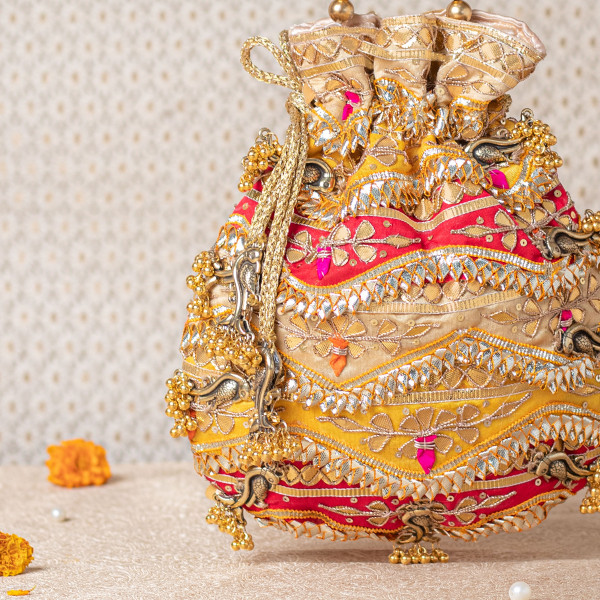 Premium Multicolor Gota Patti Potli Bag – Gold • Red • Yellow