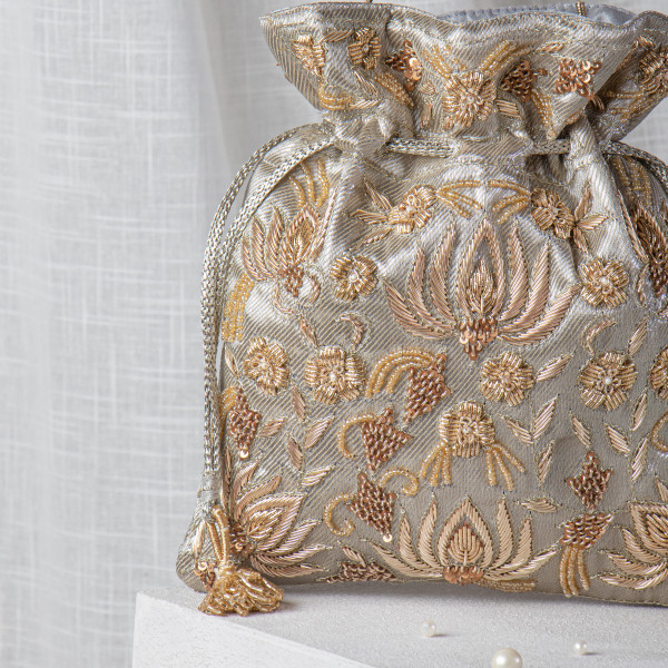 Water Gold Zardozi Embroidered Lotus Tissue Potli Bag