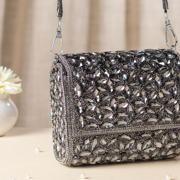 Luxury Grey Crystal Evening Clutch - Bridal & Party Handbag