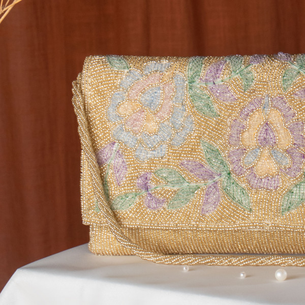 Golden Embellished Evening Clutch Bag with Chain Strap