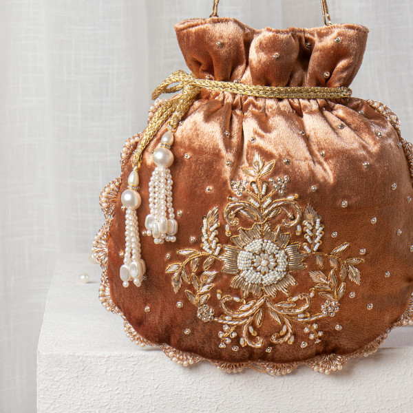 Designer Rust Brown Velvet Potli Bag | Hand-Embroidered Pearl & Zardozi Wedding Batwa