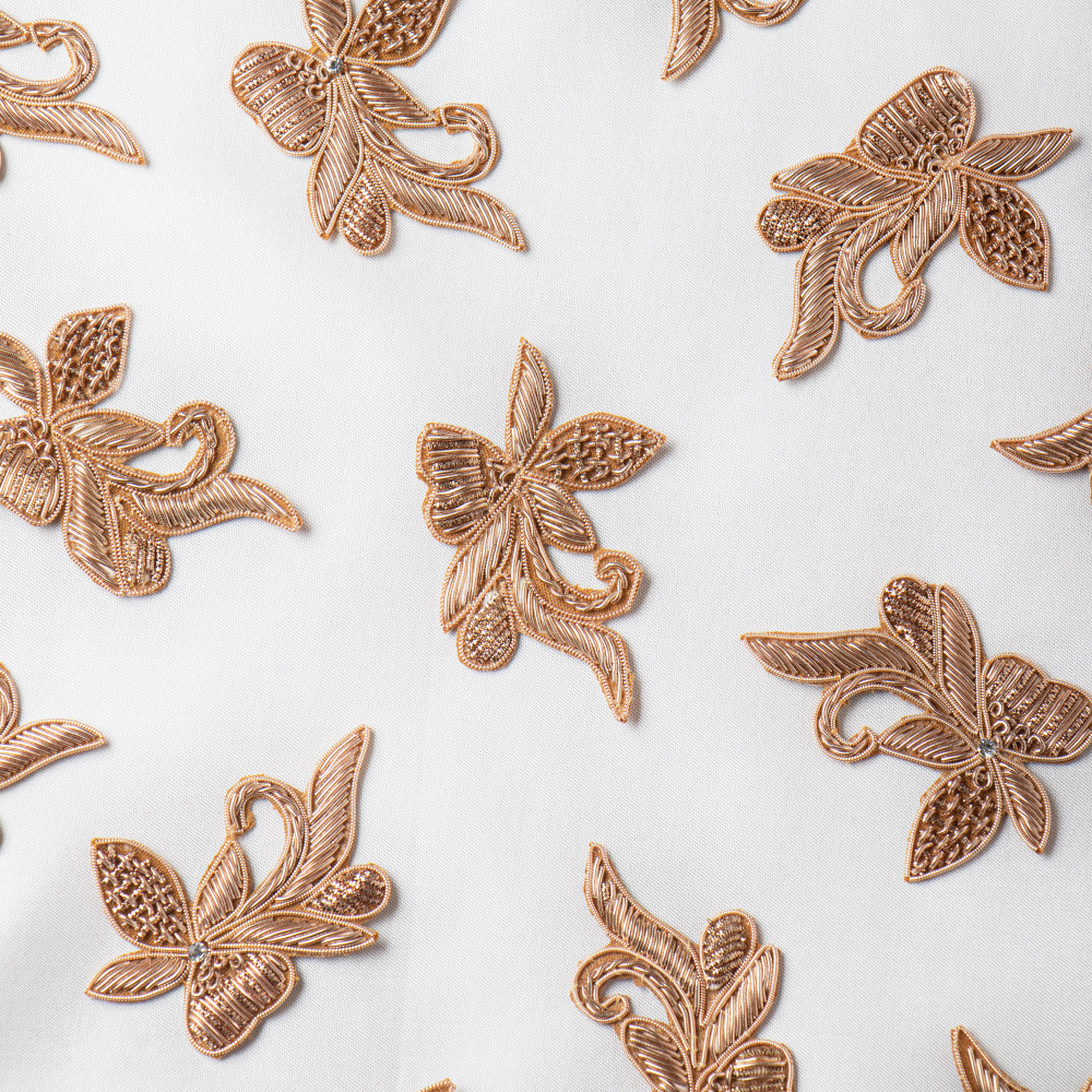 Image of Antique Gold Zardozi Floral Patch – Handcrafted Embroidery Applique -7.5/4.8 cm  (SET OF 10)