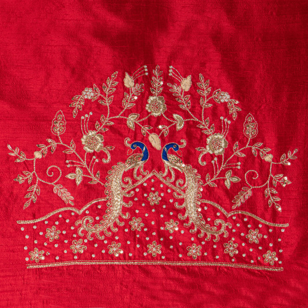 Red Silk Hand-Embroidered Unstitched Blouse Fabric (1 Meter) – Zardosi & Aari Work