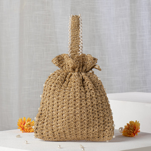 Golden Silk & Crochet Elephant Potli Bag