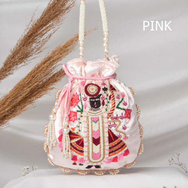 Premium Shrinath Ji Hand-Embroidered Velvet Potli Bag
