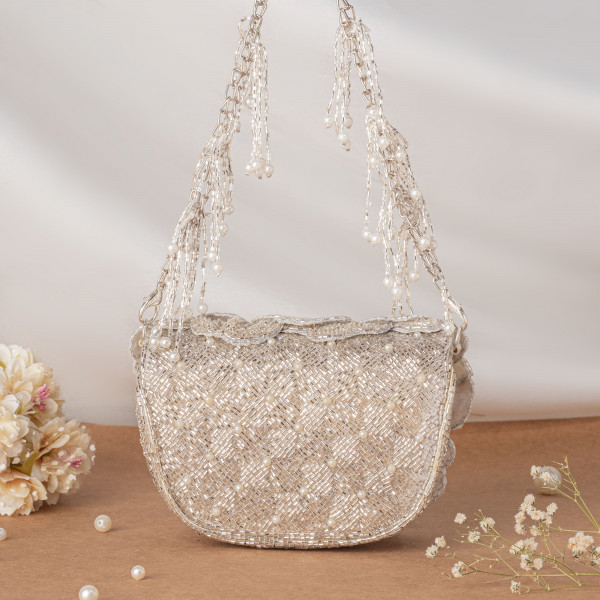 Silver Handcrafted 3D Rose Cutdana & Pearl Embellished Clutch Bag