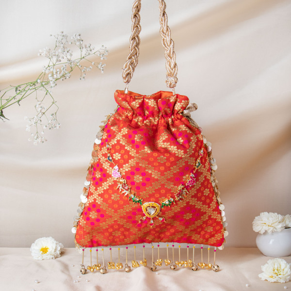 Royal Red Banarasi Brocade Potli Bag with Meenakari Work | Shubhams Zari