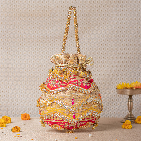 Premium Multicolor Gota Patti Potli Bag – Gold • Red • Yellow