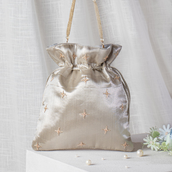 Water Gold Zardozi Embroidered Lotus Tissue Potli Bag