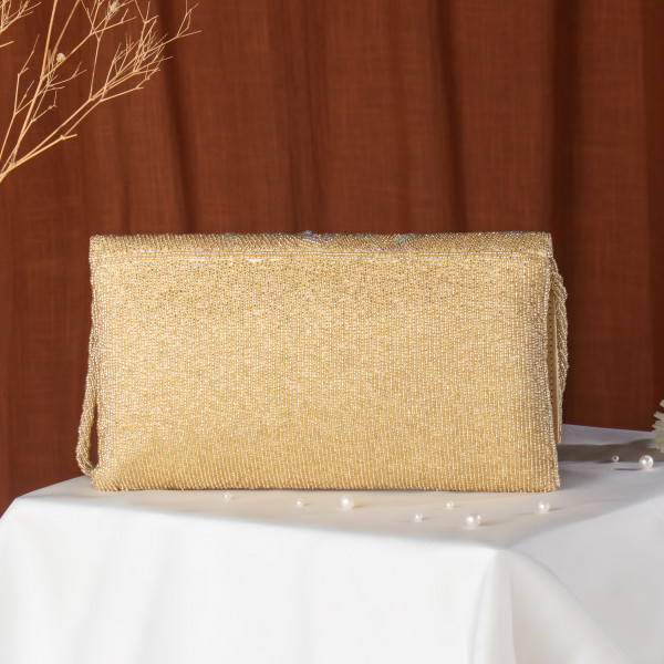 Golden Embellished Evening Clutch Bag with Chain Strap