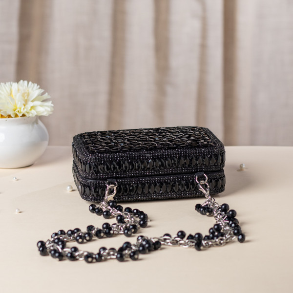 Black Crystal Embellished Mini Evening Bag with Beaded Chain