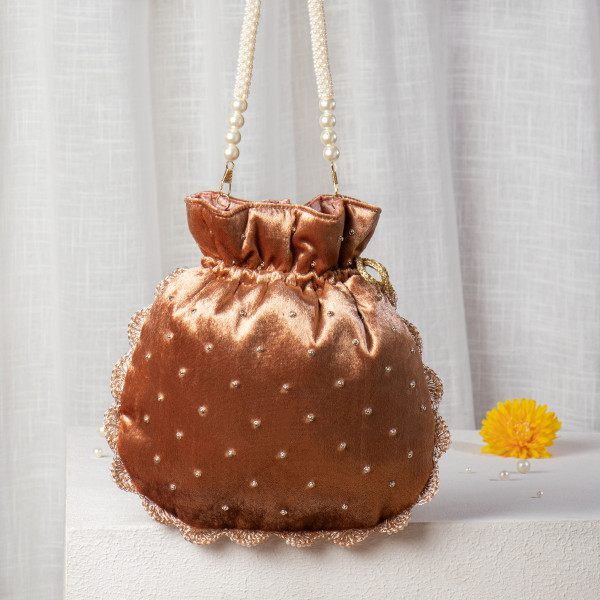 Designer Rust Brown Velvet Potli Bag | Hand-Embroidered Pearl & Zardozi Wedding Batwa