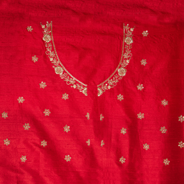 Red Silk Hand-Embroidered Unstitched Blouse Fabric (1 Meter) – Zardosi & Aari Work