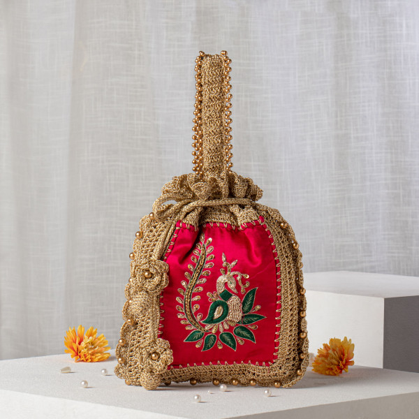 Red Silk & Crochet Peacock Embroidered Potli Bag