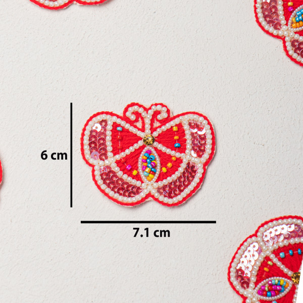 Handcrafted Red Butterfly Embroidery Patch with Premium Threadwork, Beads & Sequins – Designer DIY Craft Motif for Clothing, Kidswear, Fashion Accessories & Creative Customization