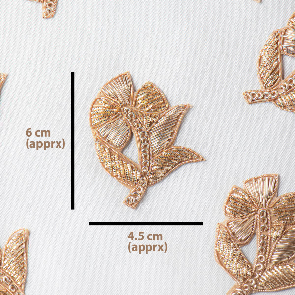 Handcrafted Zardozi Leaf Applique Patches – 6 cm x 4.5 cm – Golden Embroidery for Blouses, Lehengas, Dupattas & Bags   (Set of 10)