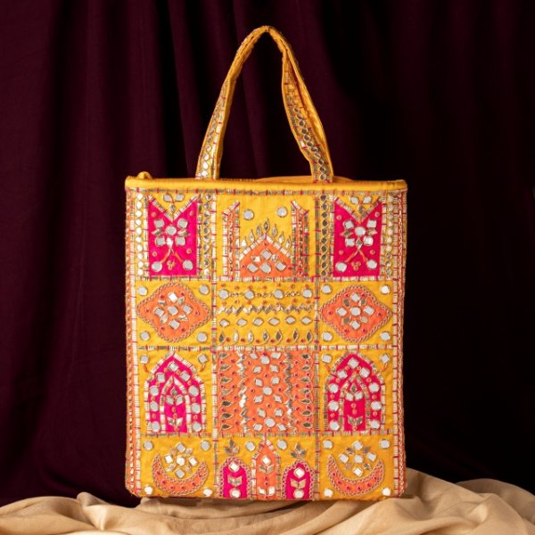 YELLOW MULTI MIRROR WORK BIG SIZE BAG PUSE WITH HANDLE