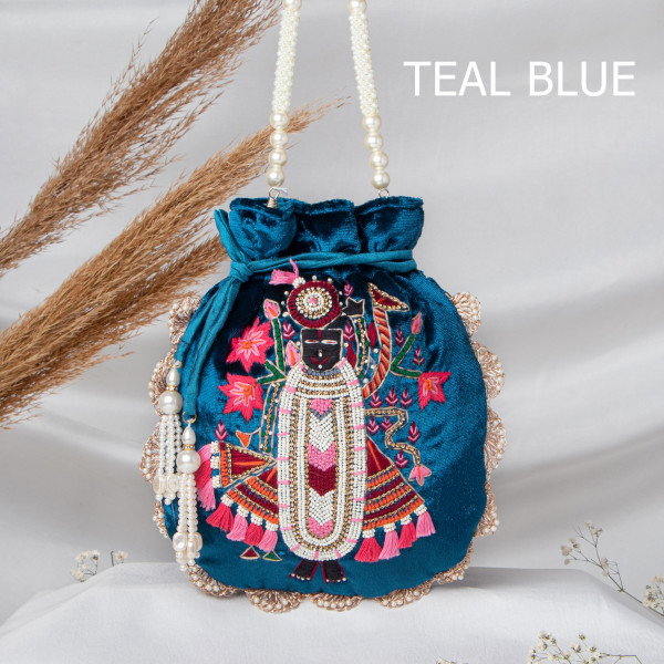 Premium Shrinath Ji Hand-Embroidered Velvet Potli Bag