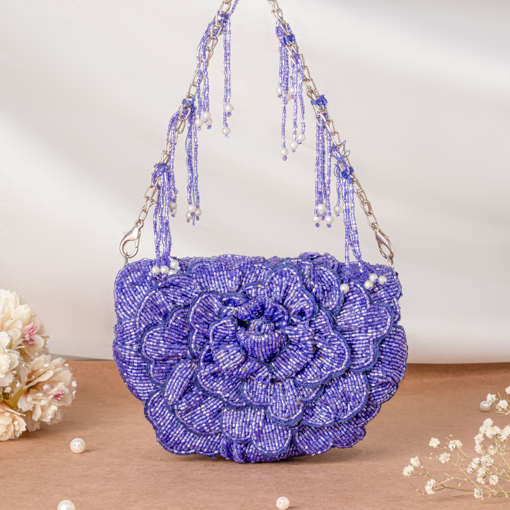 Image of Purple Handcrafted 3D Rose Cutdana &amp; Pearl Embellished Clutch Bag