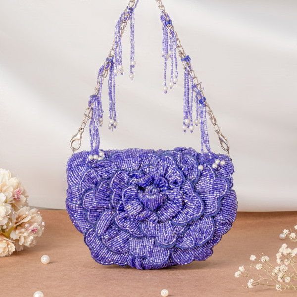 Purple Handcrafted 3D Rose Cutdana & Pearl Embellished Clutch Bag