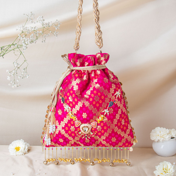Royal Pink Banarasi Brocade Potli with Kundan-Meenakari Heritage Details