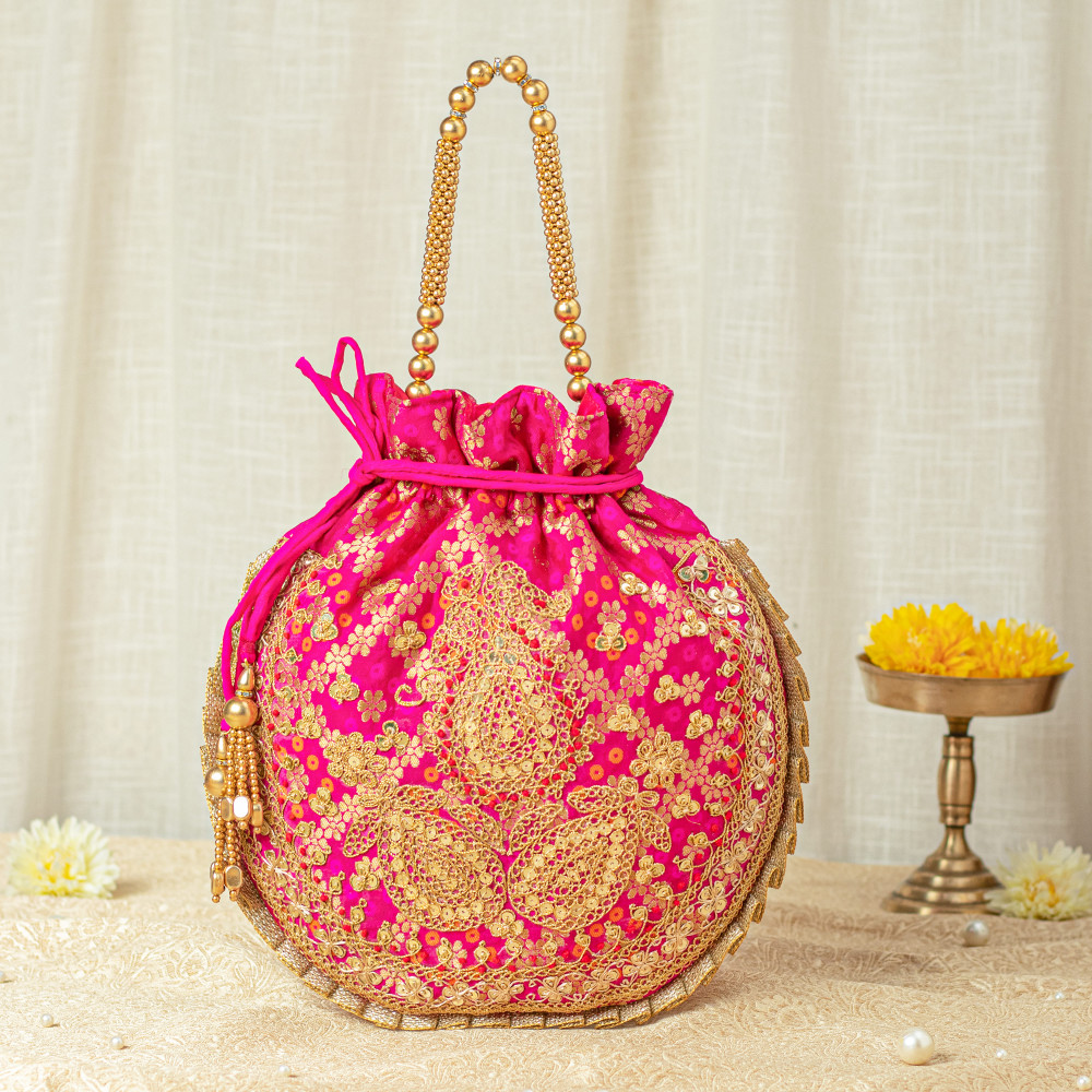 Image of Hot Pink Bandhani Marodi &amp; Sequin Hand Embroidery Potli Bag