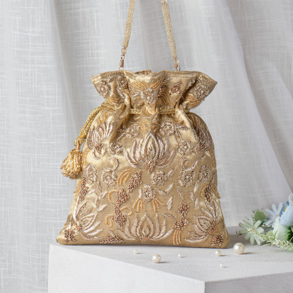 Golden Zardozi Embroidered Tissue Lotus Potli Bag