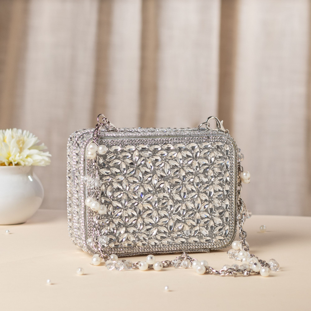 Image of Silver Crystal Embellished Mini Evening Bag with Beaded Chain