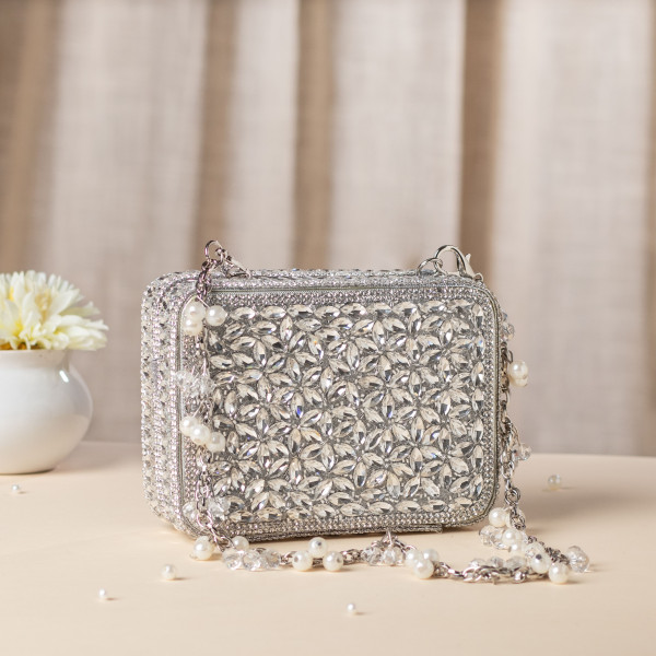 Silver Crystal Embellished Mini Evening Bag with Beaded Chain