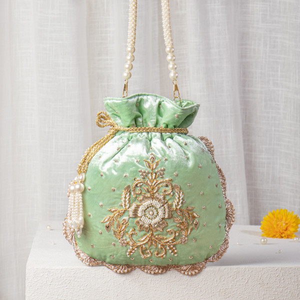 Mint Green Velvet Potli Bag | Hand-Embroidered Pearl & Zardosi Bridal Batwa