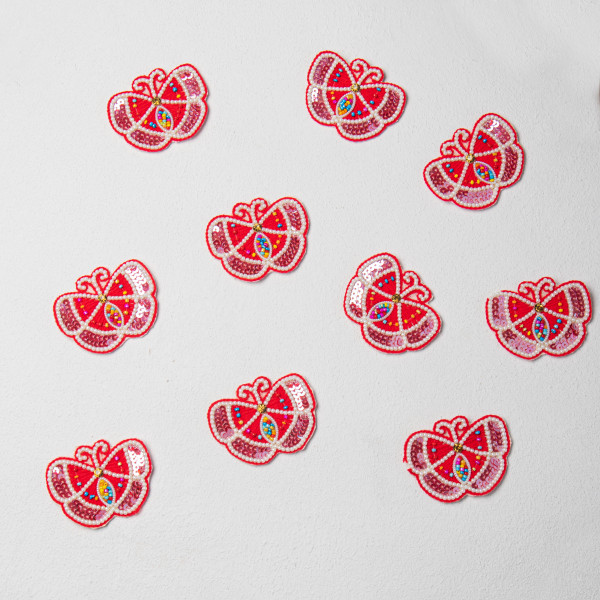 Handcrafted Red Butterfly Embroidery Patch with Premium Threadwork, Beads & Sequins – Designer DIY Craft Motif for Clothing, Kidswear, Fashion Accessories & Creative Customization