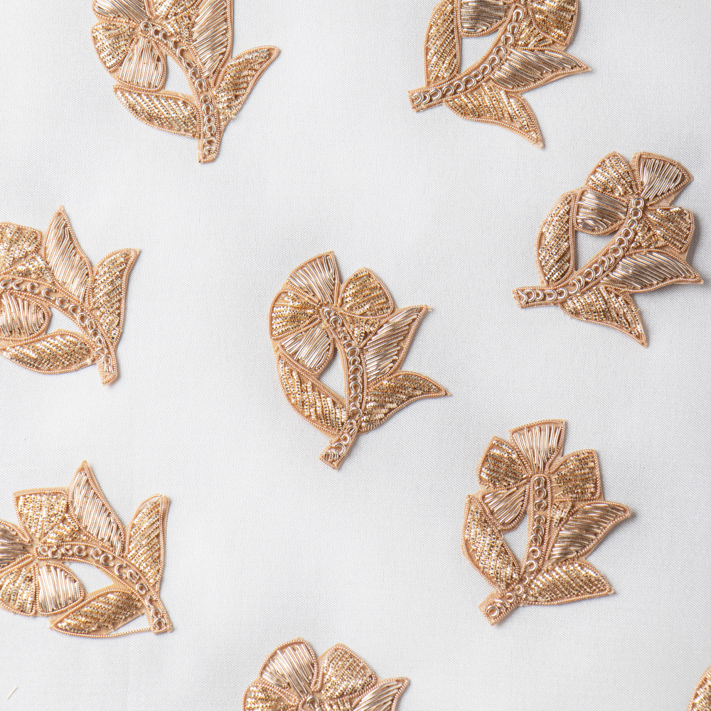 Image of Handcrafted Zardozi Leaf Applique Patches – 6 cm x 4.5 cm – Golden Embroidery for Blouses, Lehengas, Dupattas &amp; Bags   (Set of 10)