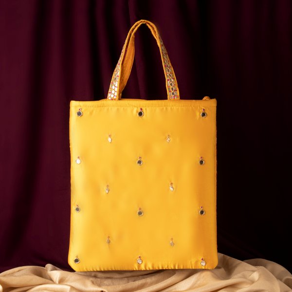YELLOW MULTI MIRROR WORK BIG SIZE BAG PUSE WITH HANDLE