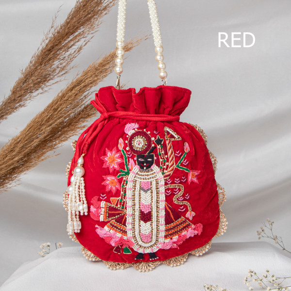 Premium Shrinath Ji Hand-Embroidered Velvet Potli Bag