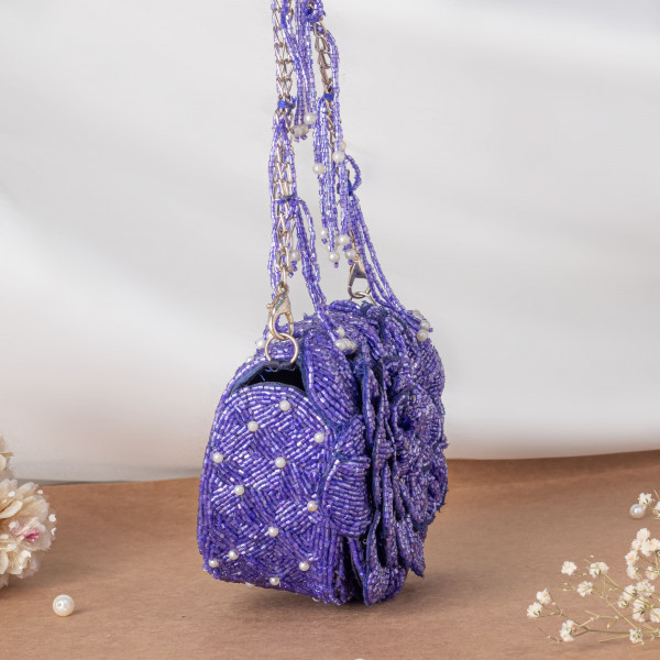 Purple Handcrafted 3D Rose Cutdana & Pearl Embellished Clutch Bag