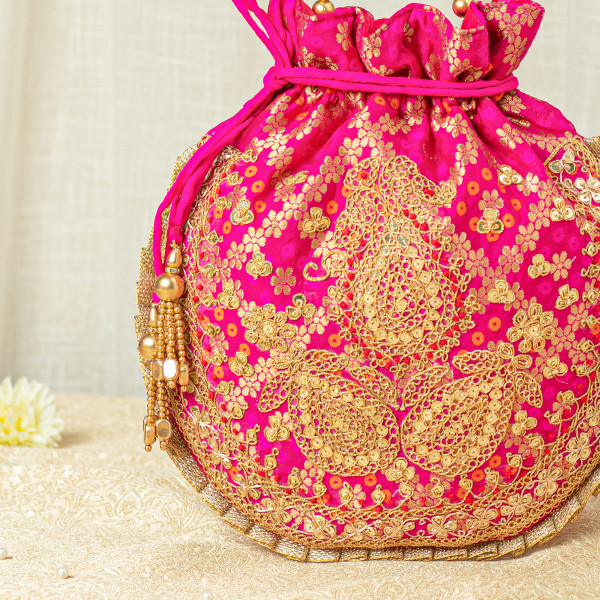 Hot Pink Bandhani Marodi & Sequin Hand Embroidery Potli Bag