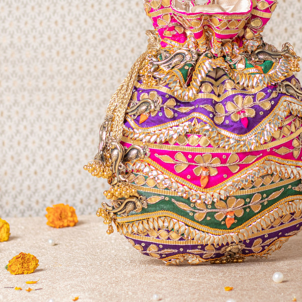 Premium Multicolor Gota Patti Potli Bag – Green • Purple • Pink