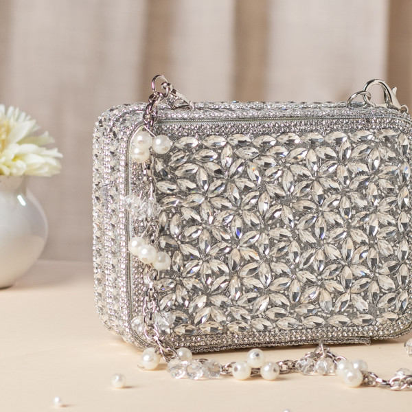 Silver Crystal Embellished Mini Evening Bag with Beaded Chain